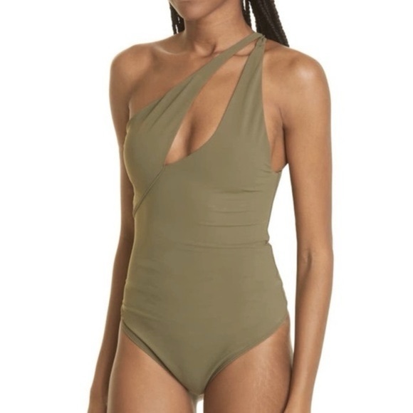 Alix NYC Page Army Green One Shoulder Cutout Bodysuit Keyhole Asymmetrical XS - Picture 1 of 10